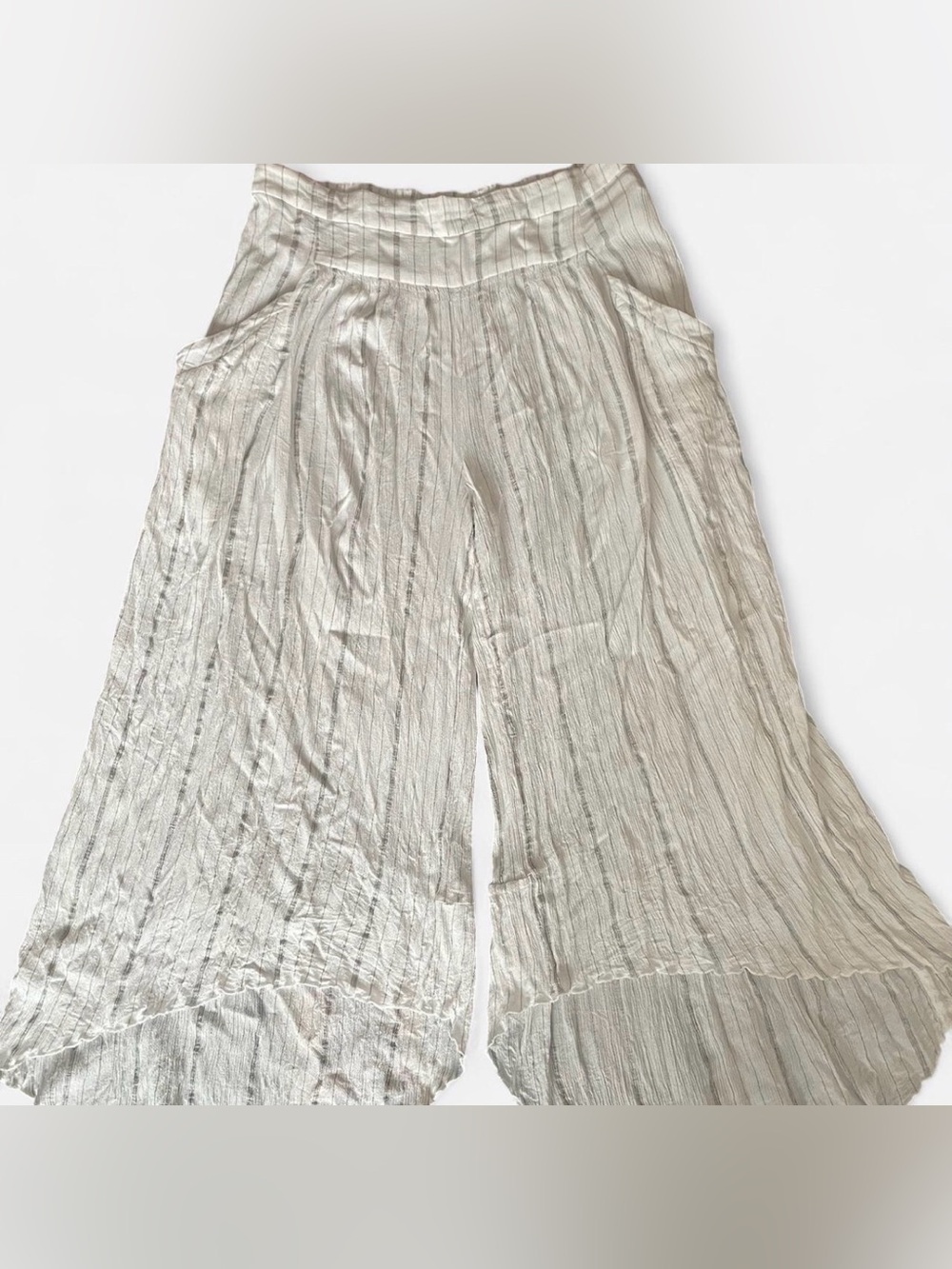 Free People White Crinkled Wide-Leg Pants with Black Pinstripes